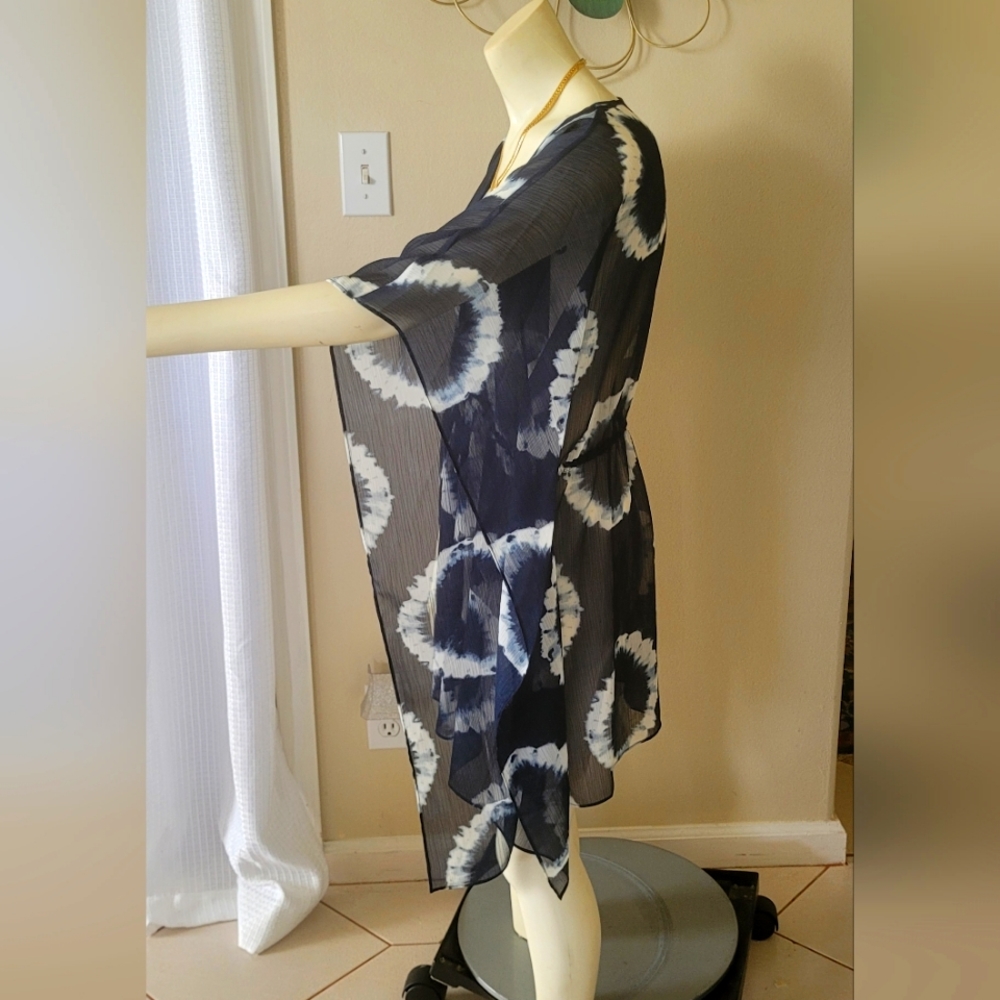 Michael Kors Semi Sheer Cover Up Sz S to M V-neck Tie @ Waist Tie Dye Blue Loose